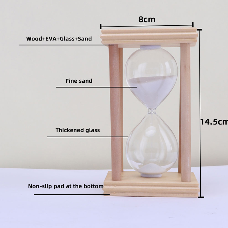 Domácí hodinový skleněný písek časovačna stojanu, cca. 30 minut, barva dřeva